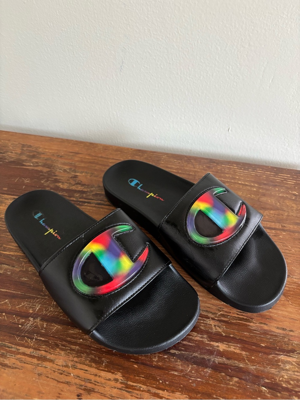 Champion Women’s Black Slide Sandals with Rainbow Logo